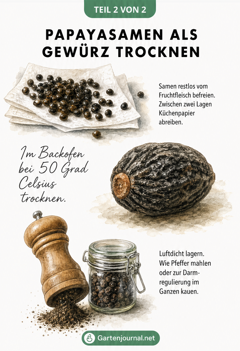 Illustration von Papayasamen, die für die Trocknung als Gewürz vorbereitet werden