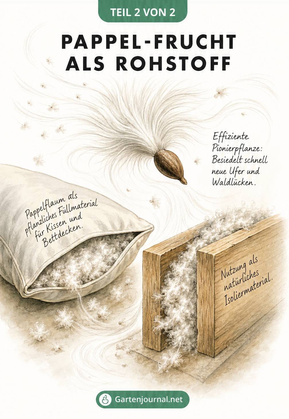 Illustration eines fliegenden Pappelsamens und seiner Nutzung als Füllmaterial und Isolierung