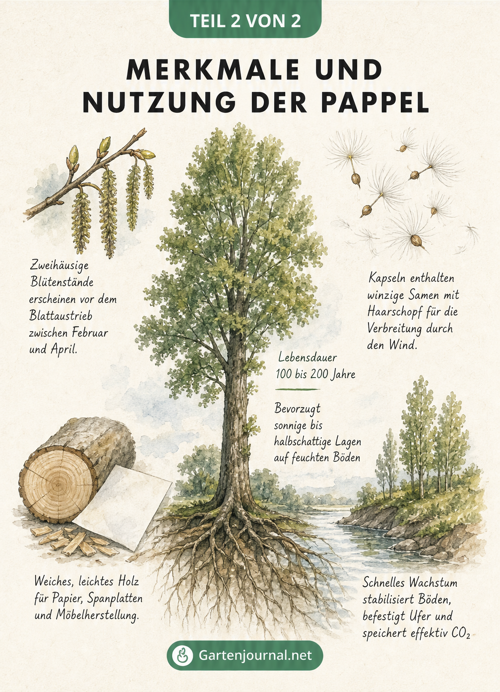 Skizze einer Pappel mit Details zu Blüten, Samen, Holz und ökologischem Nutzen