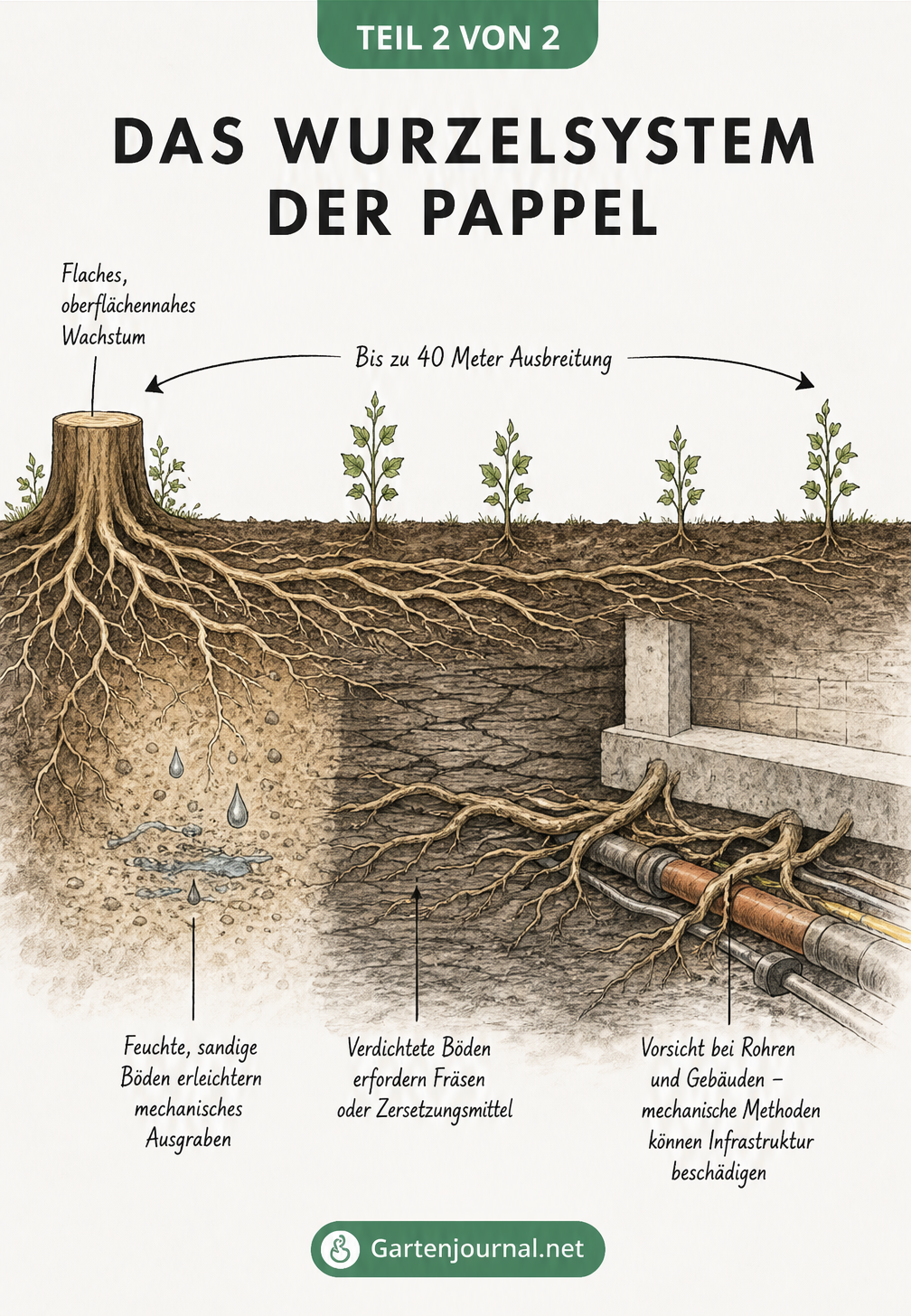 Querschnittszeichnung des weitreichenden Wurzelsystems einer Pappel mit Hindernissen wie feuchtem Boden, verdichtetem Lehm und Fundamenten.
