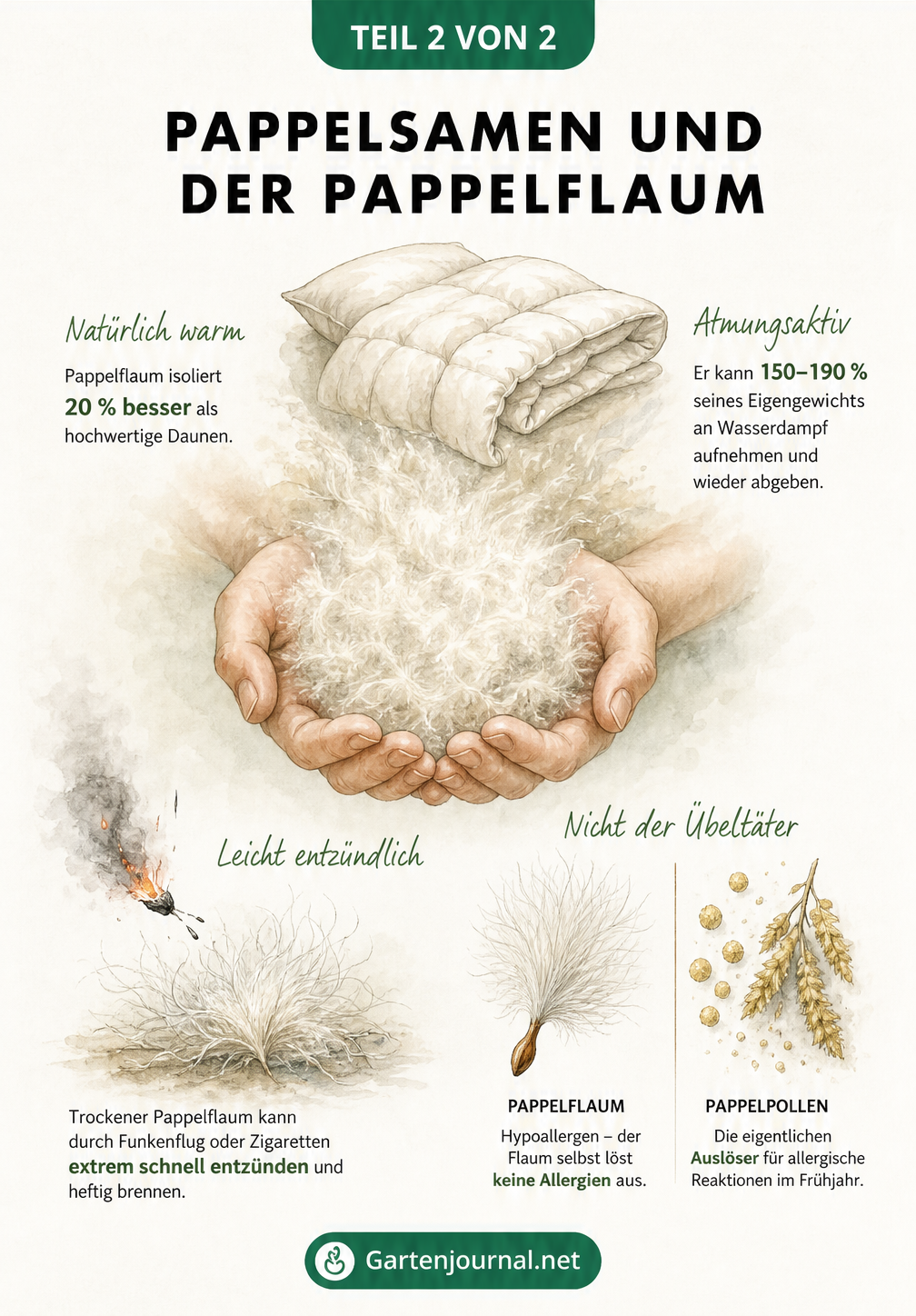 Illustration einer Pappelflaum-Wolke, die Eigenschaften wie hohe Wärmeisolierung, Feuchtigkeitsaufnahme, Brandgefahr und den Allergie-Irrtum zeigt
