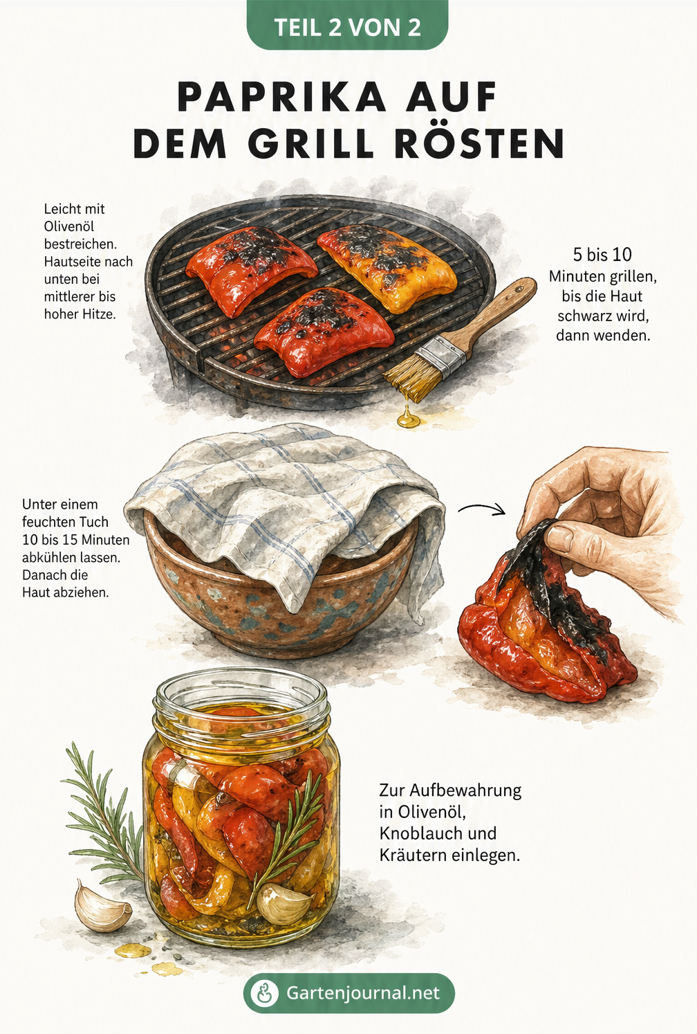 Illustration von Paprikastücken auf einem Grillrost, dem Abkühlen unter einem Tuch und dem Einlegen in Öl.