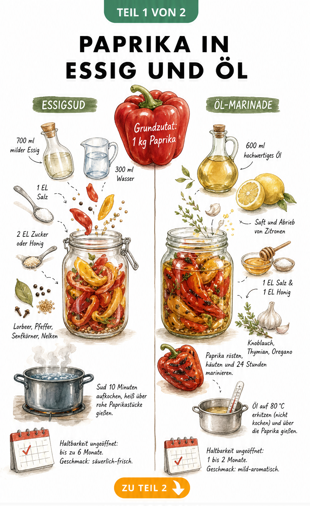 Illustration von zwei Methoden zum Einlegen von Paprika: Essigsud im Bügelglas und Öl-Marinade im Schraubglas mit Zutaten.