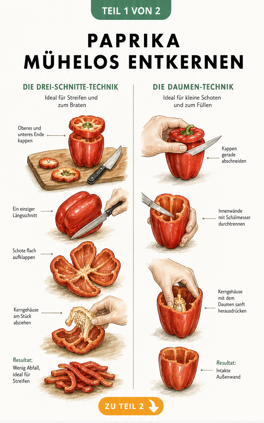Illustration zweier Schnitttechniken zum Entkernen von Paprika: Drei-Schnitte-Technik und Daumen-Technik
