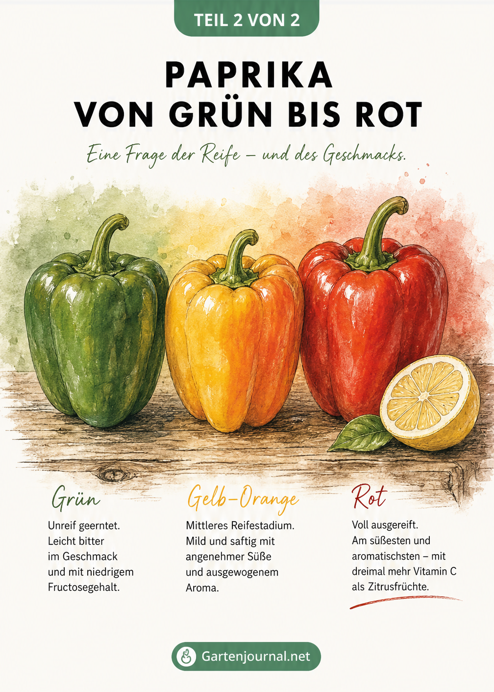 Farbverlauf von drei Paprikaschoten in Grün, Gelb-Orange und Rot auf einem Holztisch, mit Erklärungen zu Reifegrad, Geschmack und Vitamin-C-Gehalt.