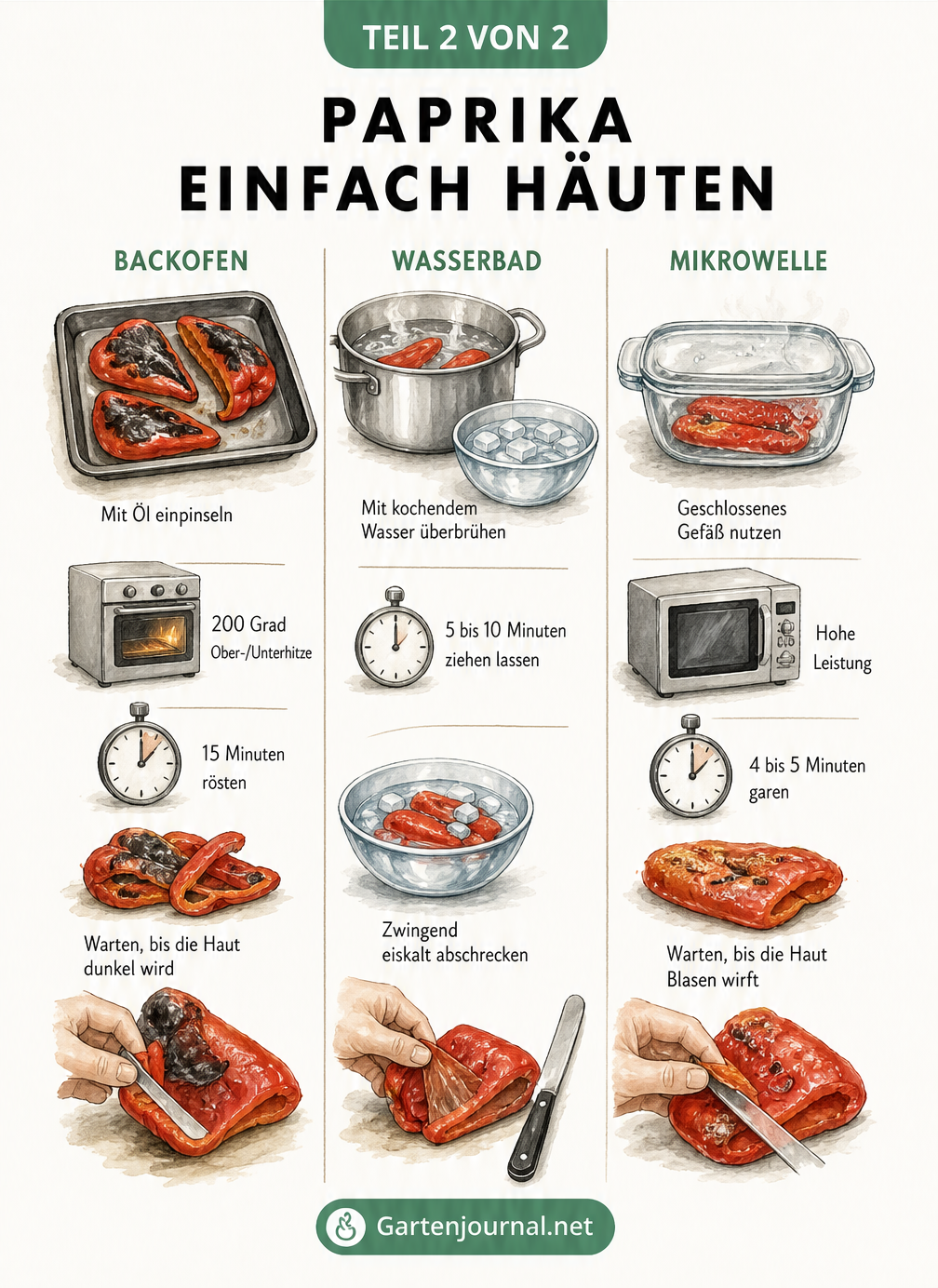 Illustration von drei Methoden zum Häuten von Paprika: Backofen, Wasserbad und Mikrowelle
