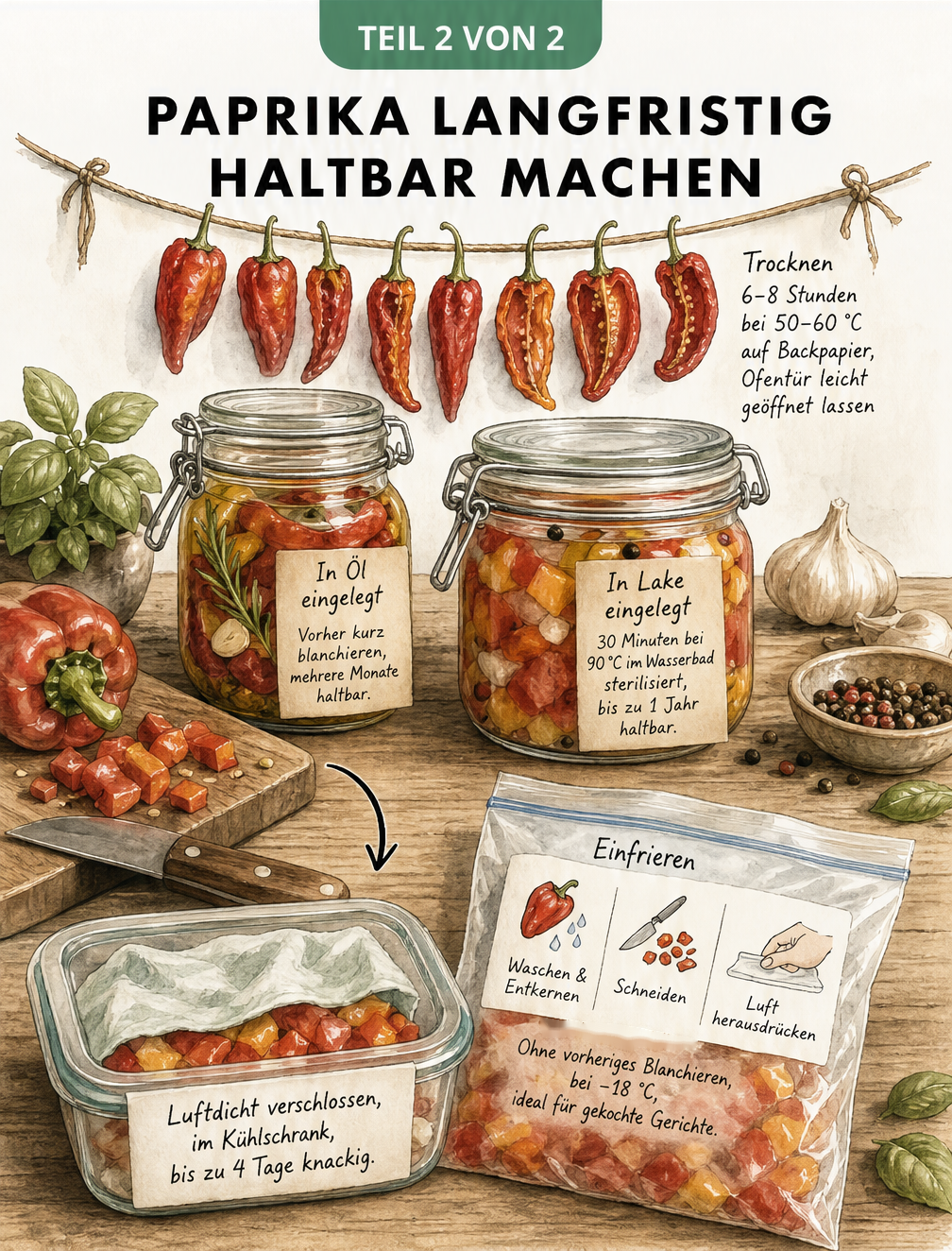 Illustration verschiedener Methoden zur Haltbarmachung von Paprika: Einfrieren, Einlegen, Einkochen und Trocknen