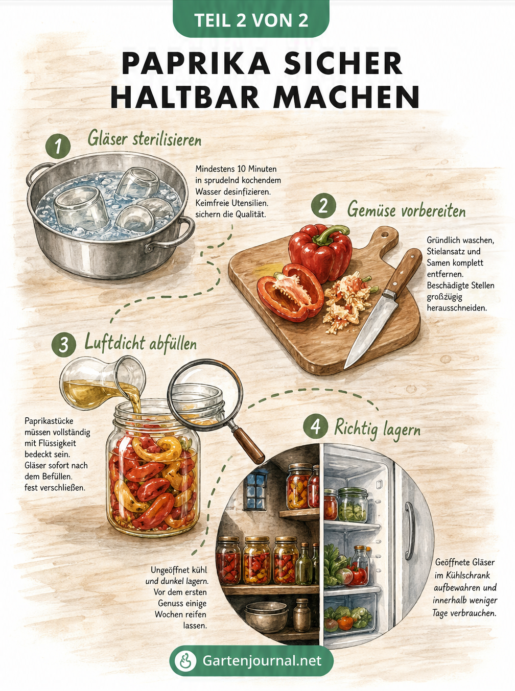Schritt-für-Schritt-Anleitung zum sicheren Haltbarmachen von Paprika: Gläser sterilisieren, Gemüse vorbereiten, luftdicht abfüllen und richtig lagern.