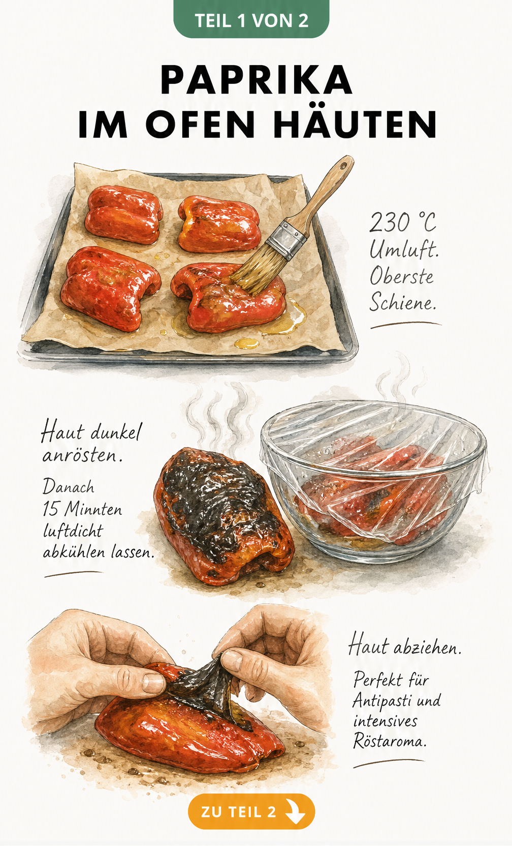 Illustration einer Paprika, die im Ofen geröstet und anschließend gehäutet wird