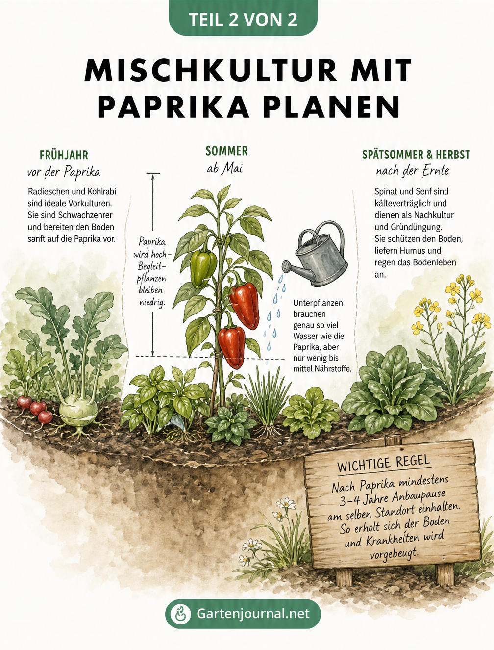 Gartenkalender als Beetverlauf, der die Mischkultur mit Paprika von der Vorkultur im Frühjahr bis zur Nachkultur im Herbst zeigt.