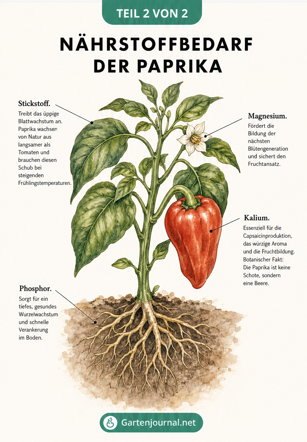 Detaillierte Vintage-Illustration einer Paprikapflanze, die den Nährstoffbedarf von Wurzeln, Blättern, Blüten und Früchten erklärt