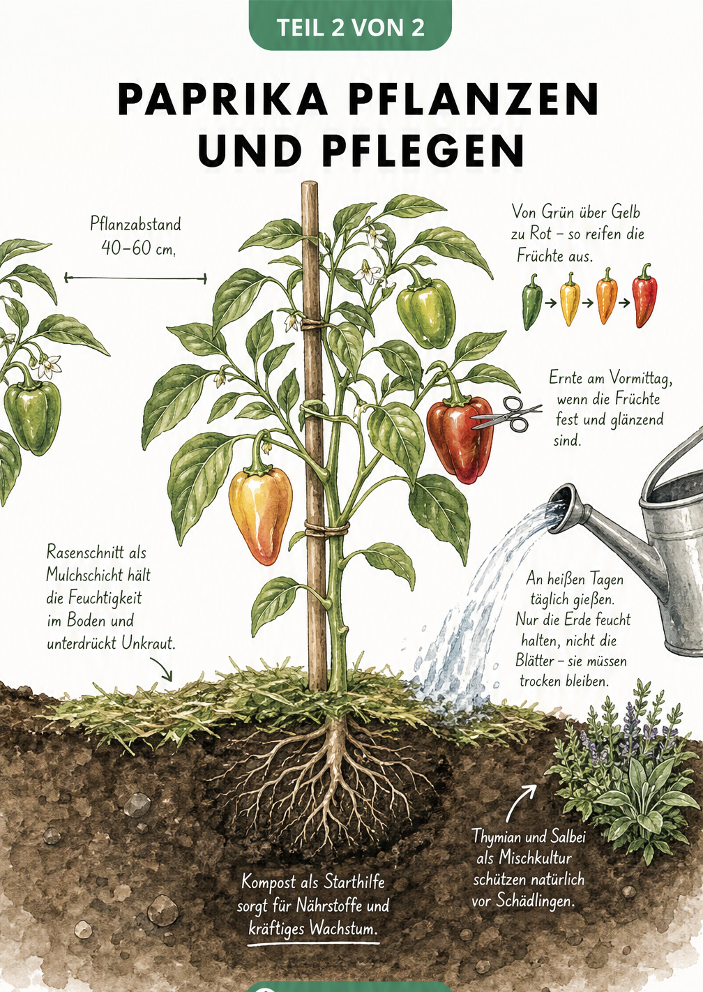 Botanischer Schnitt einer ausgewachsenen Paprikapflanze mit Wurzelballen, Mulchschicht und Hinweisen zu Pflanzabstand und Pflege