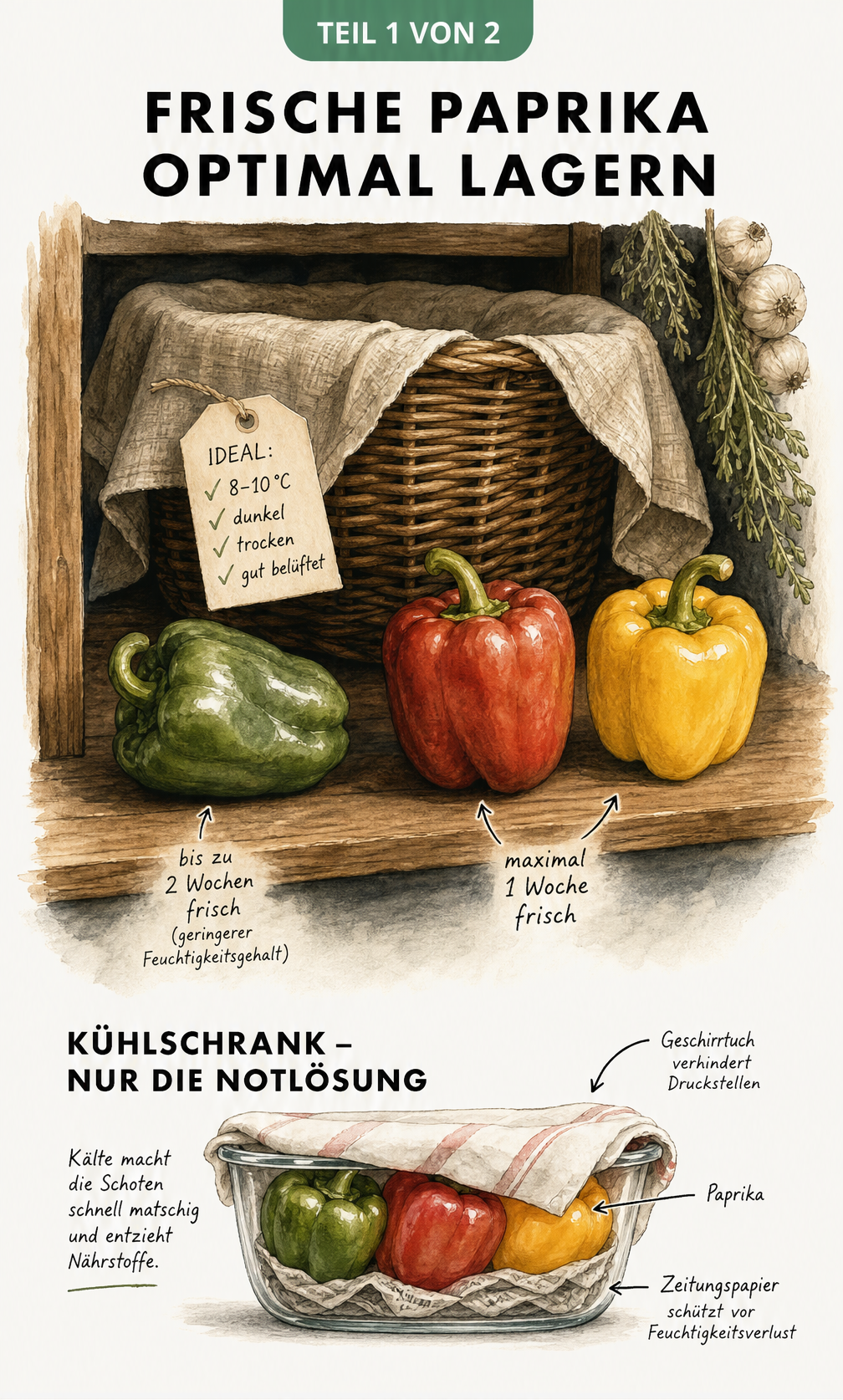 Illustration zur optimalen Lagerung von Paprika im kühlen Raum und als Notlösung im Kühlschrank