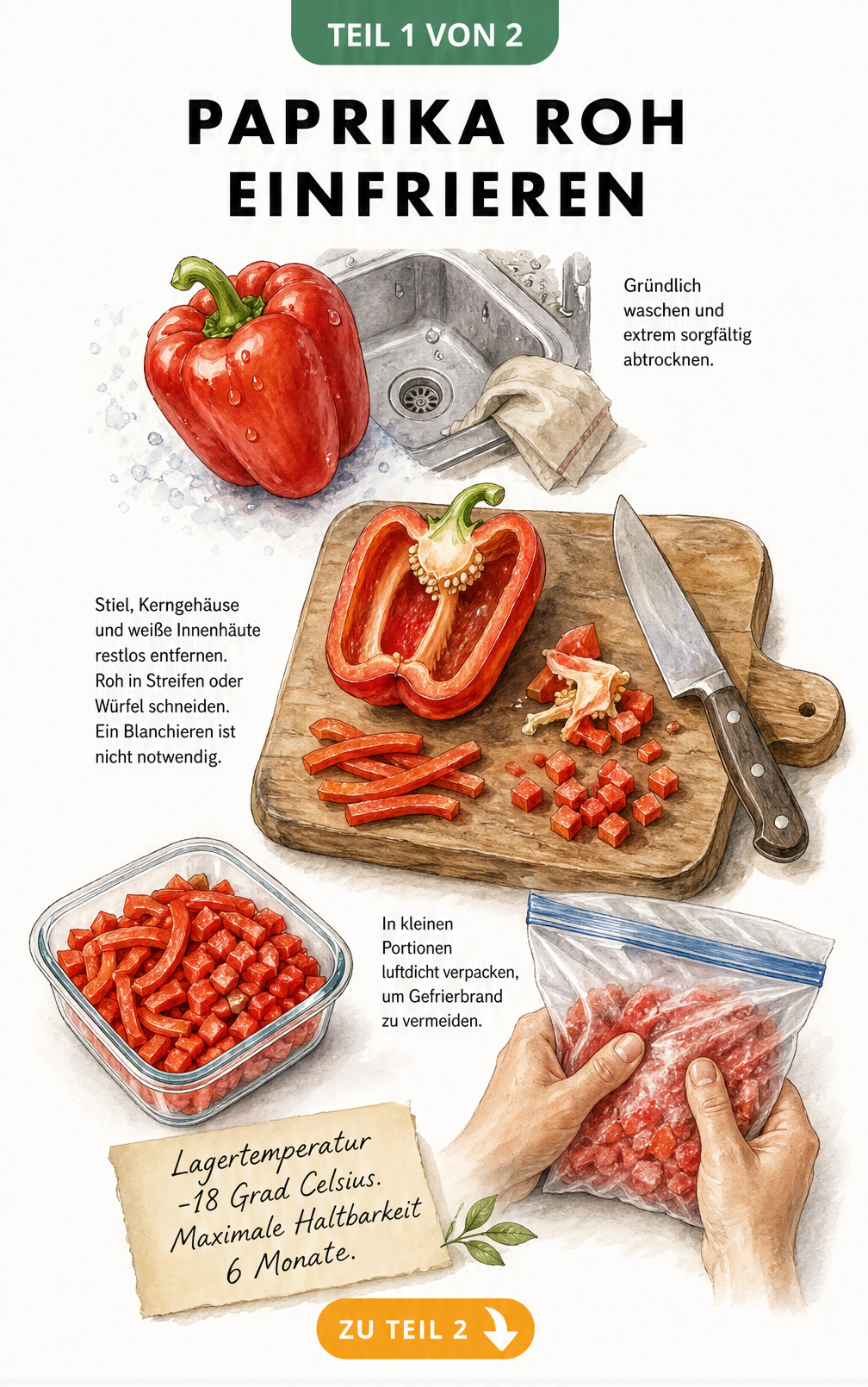 Illustration der Vorbereitung von Paprika zum Einfrieren: Waschen, Schneiden und luftdichtes Verpacken