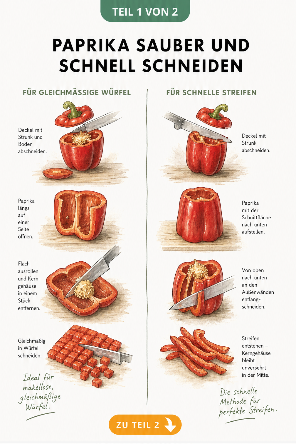 Illustration zweier Methoden zum Schneiden von Paprika in Wuerfel und Streifen
