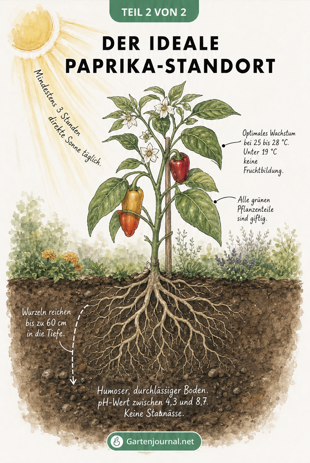 Querschnitt eines Gartenbeets mit einer Paprikapflanze, der den idealen Standort, Sonnenbedarf, Temperatur und Bodenbeschaffenheit zeigt