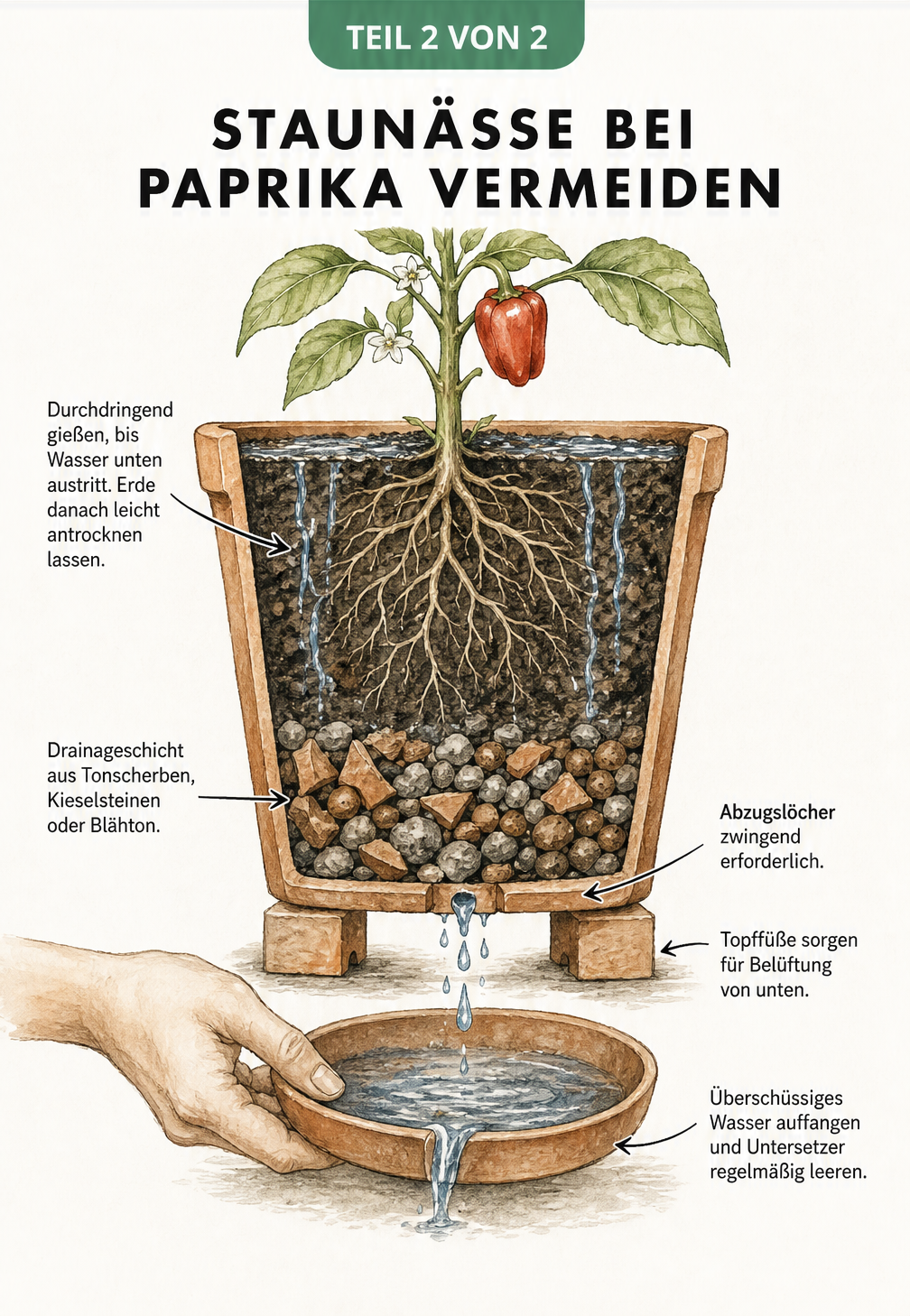 Querschnitt eines bepflanzten Terrakotta-Topfes mit Paprika, der eine Drainageschicht und Abzugslöcher zeigt
