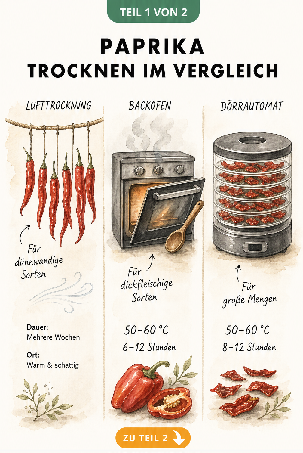 Vergleich der drei Methoden zum Paprika trocknen: Lufttrocknung für dünnwandige Sorten, Backofen für dickfleischige Sorten und Dörrautomat für große Mengen.