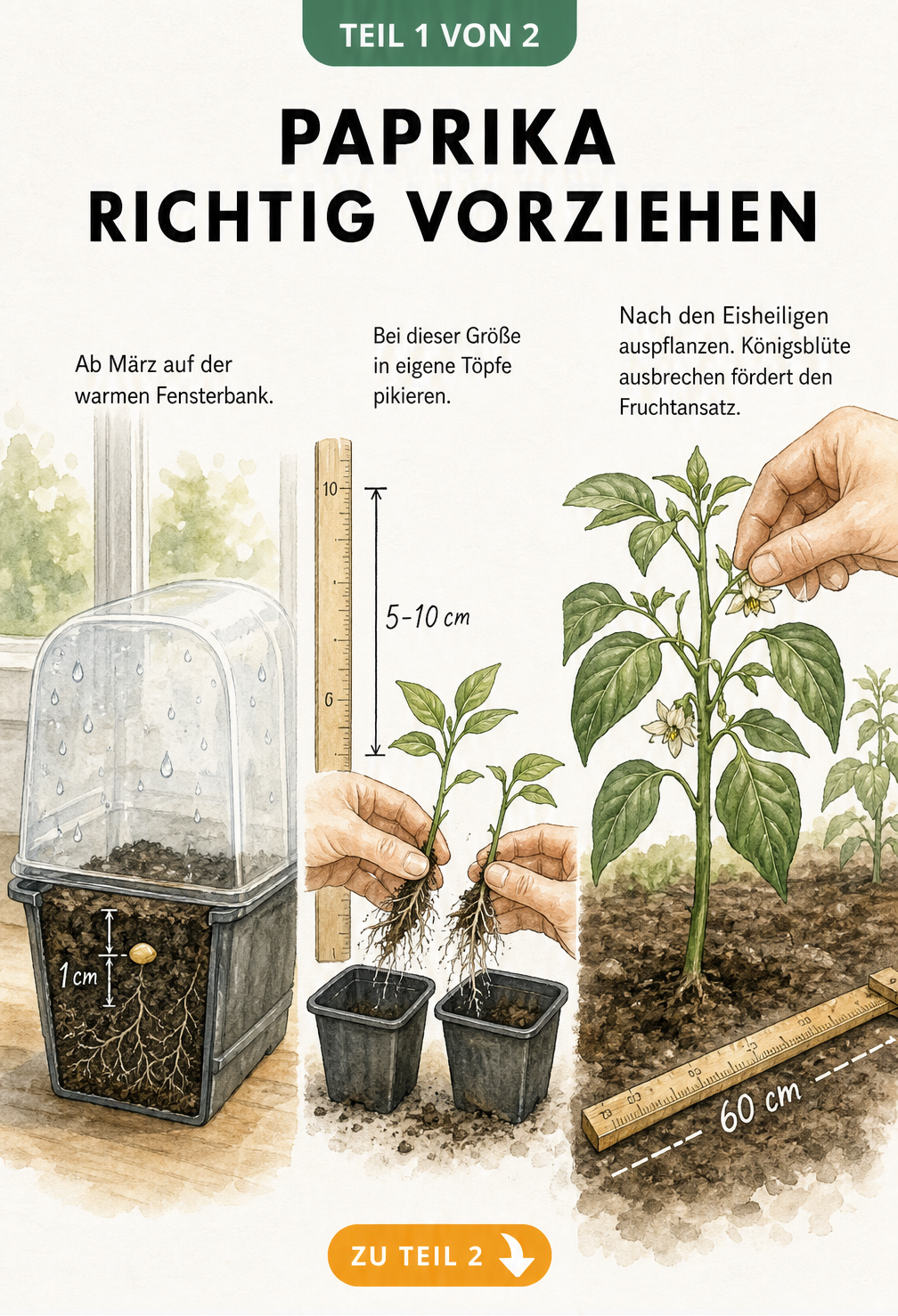 Botanische Illustration der Paprika-Anzucht vom Samen im Topf über das Pikieren der Sämlinge bis zur Jungpflanze im Freiland.