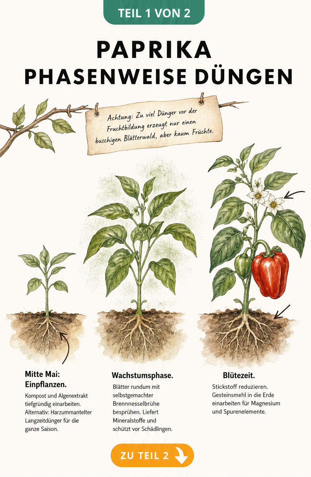 Botanische Skizze der Paprika-Entwicklung in drei Phasen: Setzling, Wachstumsphase und Blütezeit mit Düngehinweisen