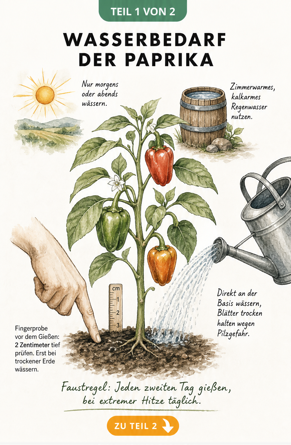 Illustration einer Paprikapflanze mit Hinweisen zum Wasserbedarf, Gießzeitpunkt und der Fingerprobe im Boden