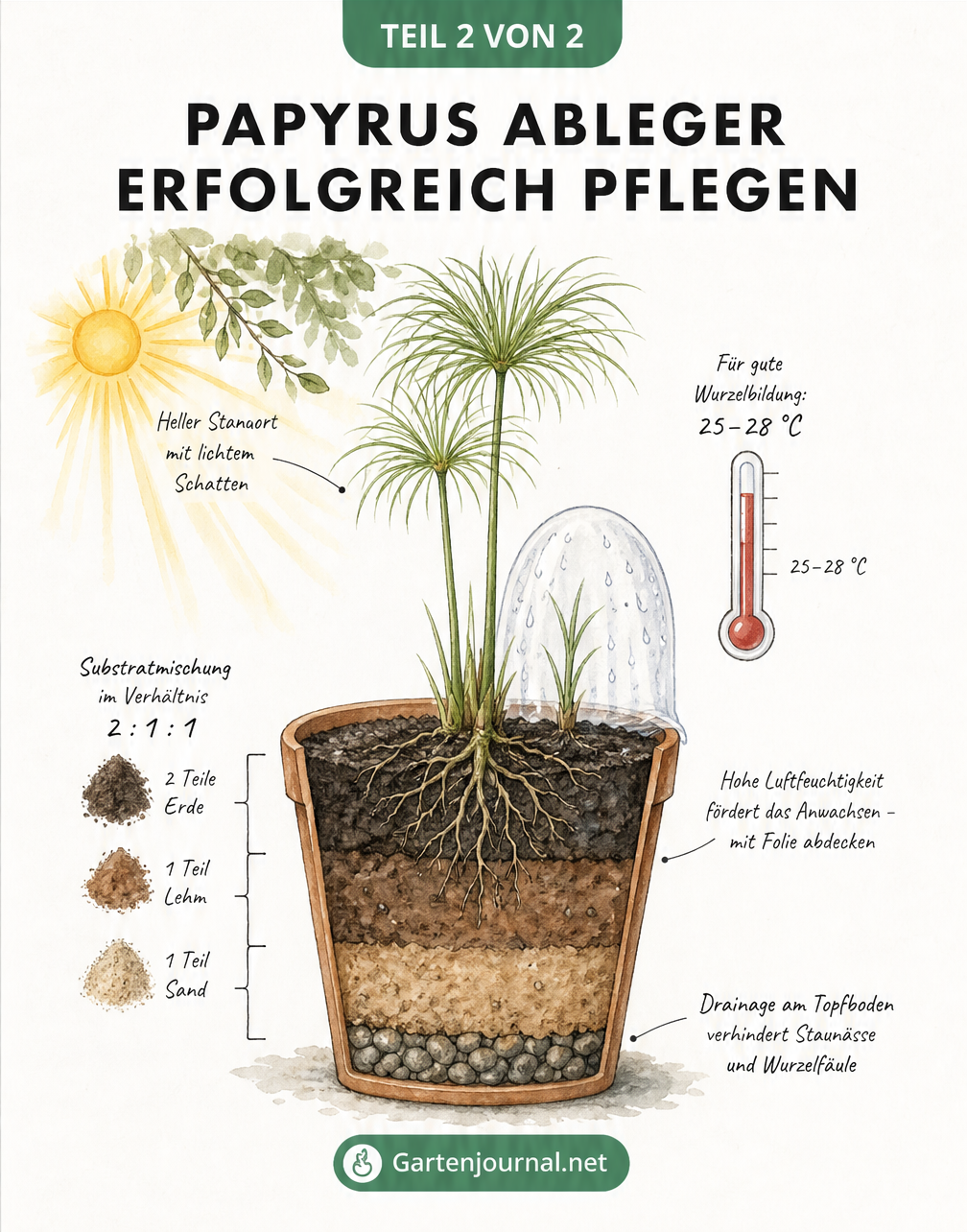 Querschnitt eines Pflanztopfes mit Papyrus-Ableger, der die ideale Temperatur, Substratmischung und Luftfeuchtigkeit zeigt