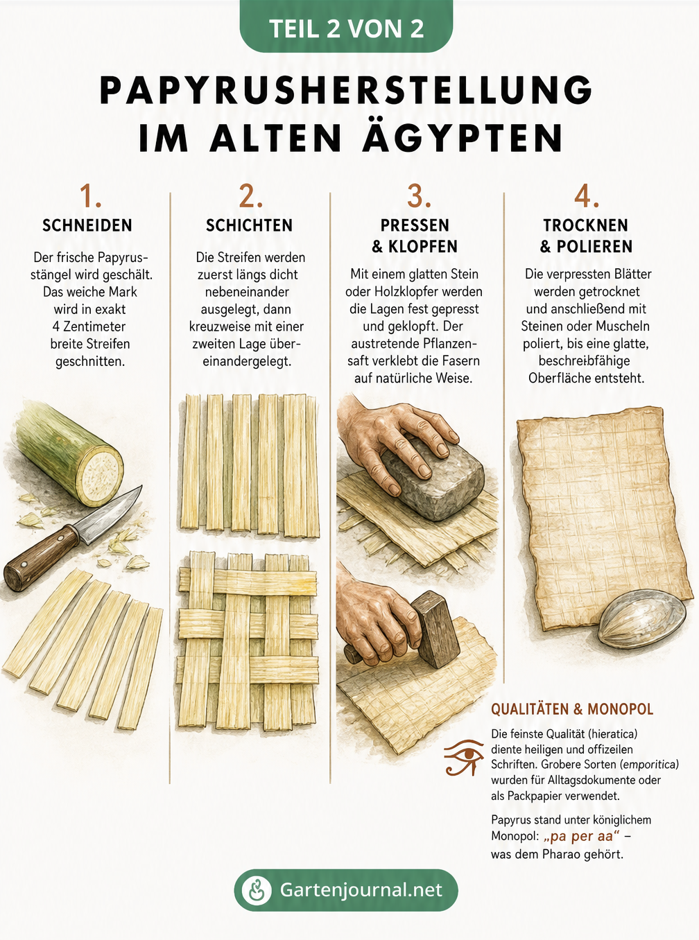 Illustration der Papyrusherstellung im alten Ägypten in vier Schritten