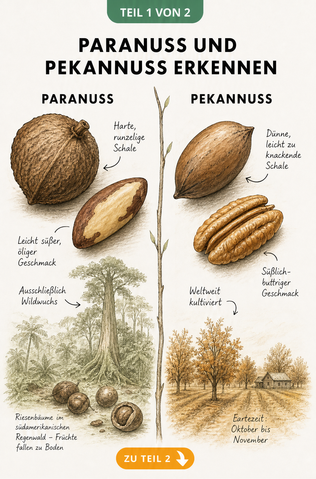 Botanische Illustration von Paranuss und Pekannuss mit Schale und Kern sowie ihren Merkmalen