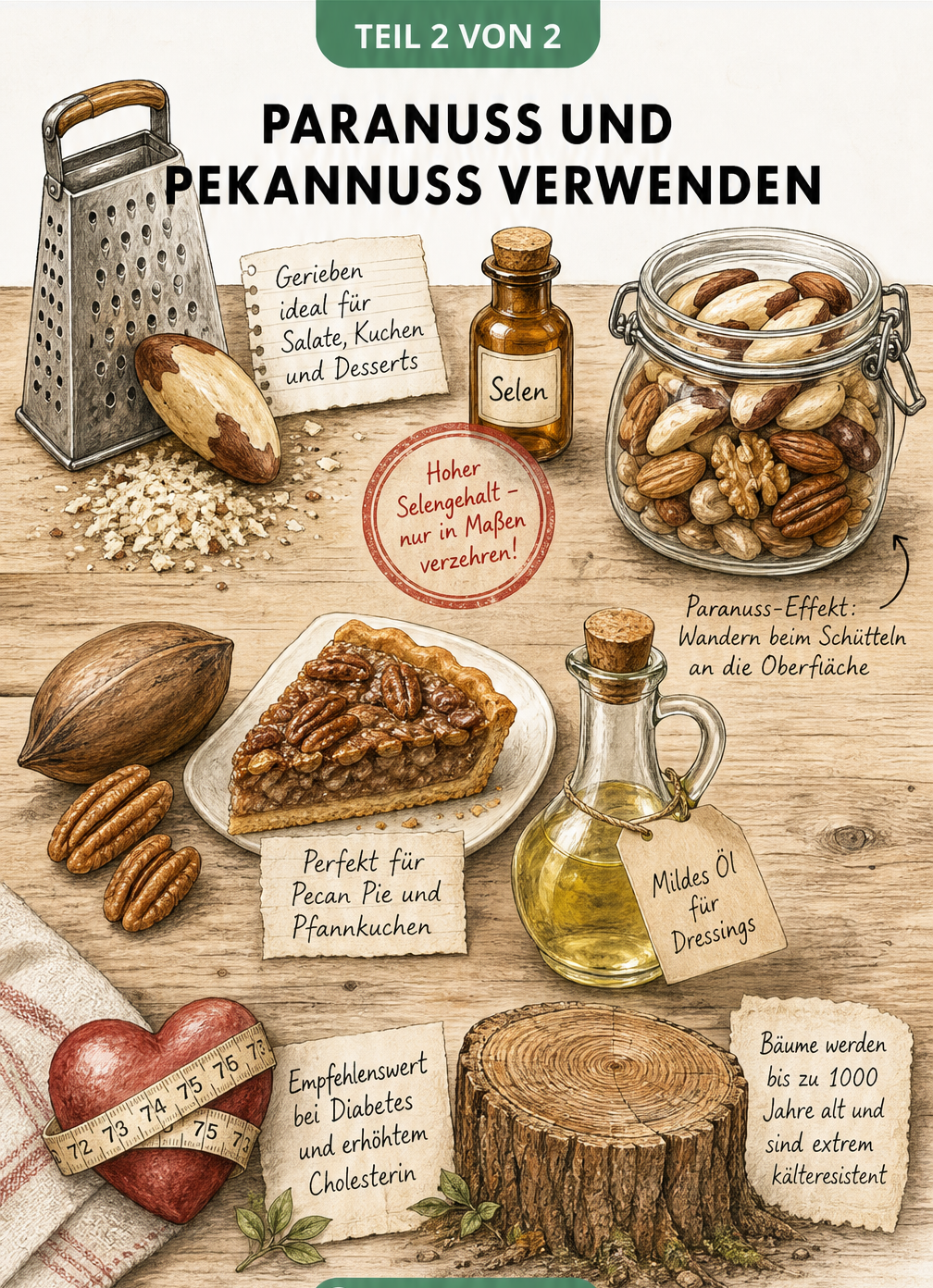 Illustration zur Verwendung von Paranuss und Pekannuss in der Küche und ihren gesundheitlichen Eigenschaften