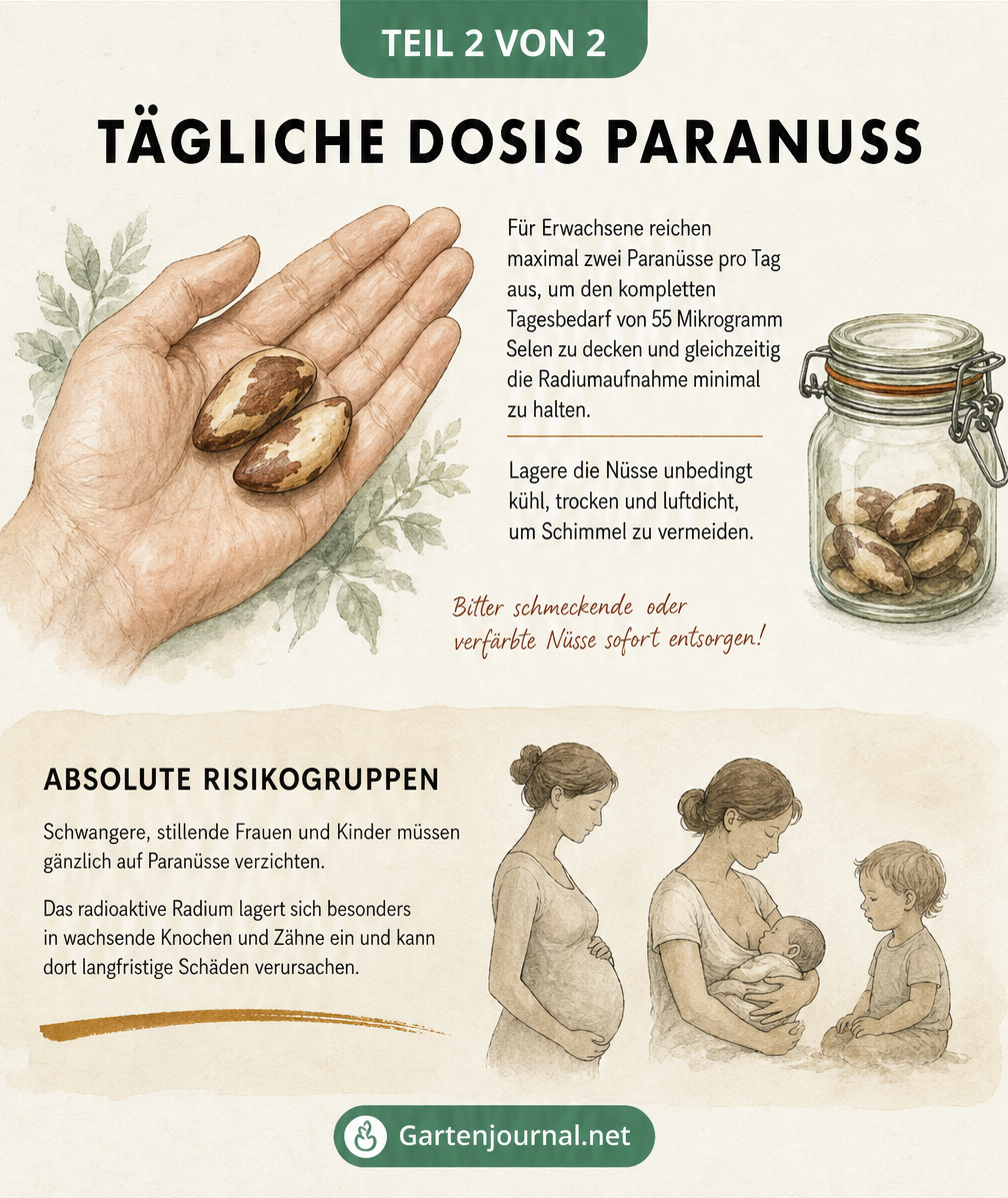 Illustration zur sicheren täglichen Dosis von Paranüssen für Erwachsene und Warnung für Risikogruppen