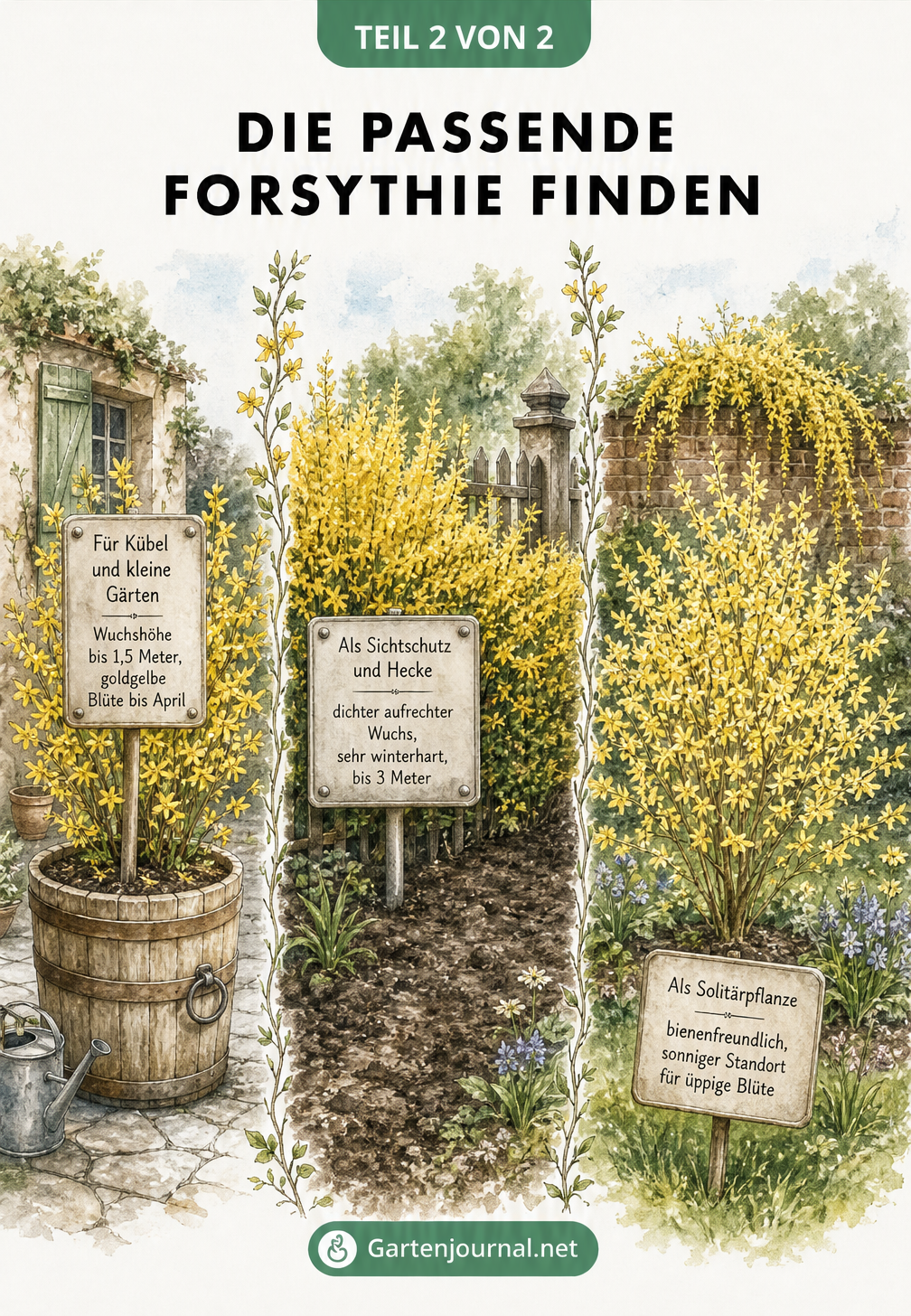 Illustration dreier Gartensituationen mit passenden Forsythien: Kübelpflanzung, Hecke und Solitärstrauch