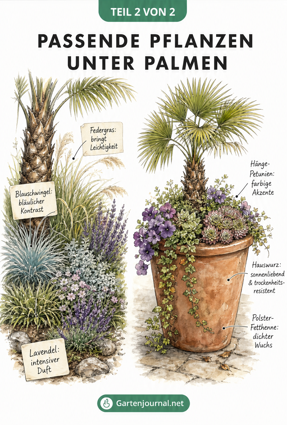 Illustration von passenden Pflanzen für Palmen im Garten und im Kübel