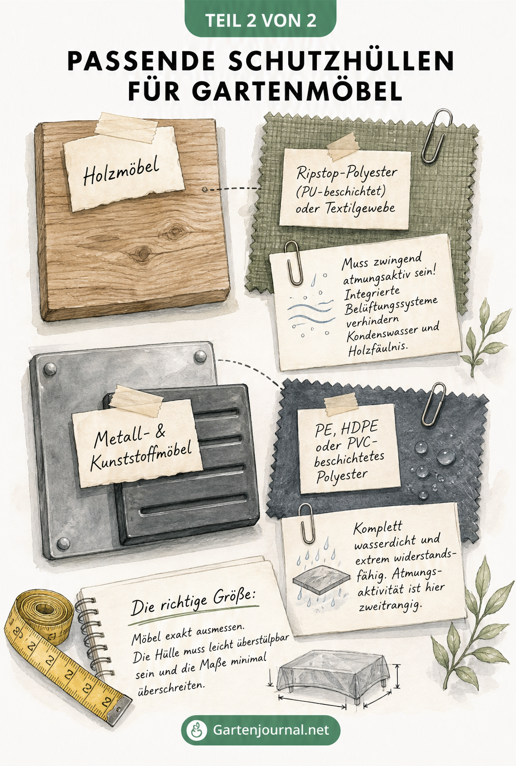 Material-Board mit Stoffproben und Möbeloberflächen, das passende Schutzhüllen für Holzmöbel sowie Metall- und Kunststoffmöbel zeigt