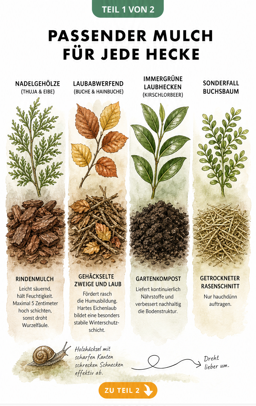 Botanische Illustration verschiedener Heckenpflanzen wie Thuja, Buche und Kirschlorbeer mit dem jeweils passenden Mulchmaterial.