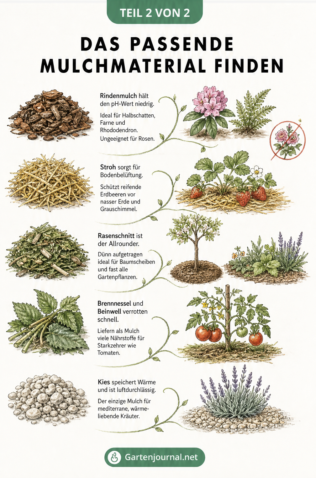 Illustration verschiedener Mulchmaterialien wie Rindenmulch, Stroh, Rasenschnitt, Brennnesseln und Kies mit passenden Pflanzen