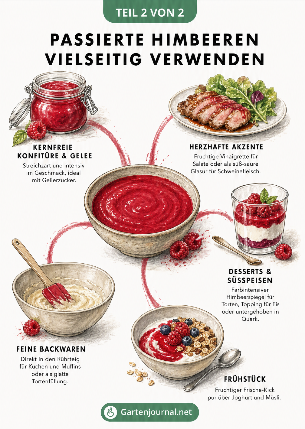 Mindmap-Illustration: Fünf kreative Verwendungsmöglichkeiten für passiertes Himbeerpüree, von Konfitüre bis Vinaigrette.