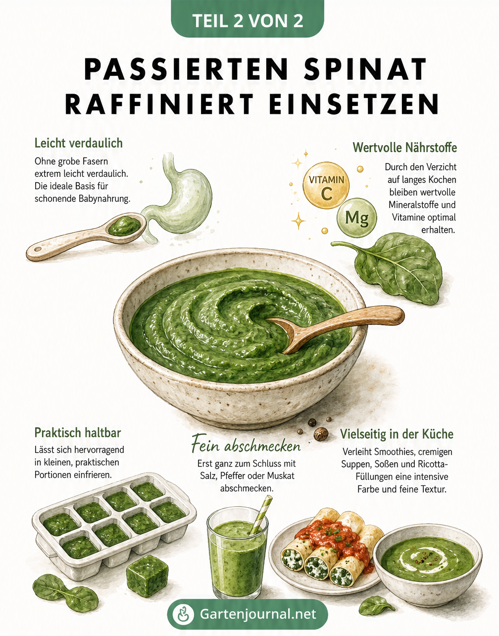 Illustration einer Schüssel mit cremigem Spinatpüree und Vignetten, die die Vorteile zeigen: leicht verdaulich für Babynahrung, nährstoffreich, gut...