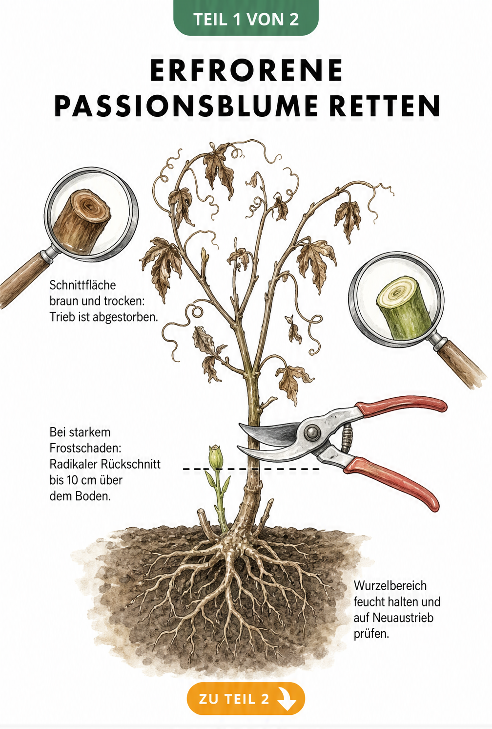 Illustration einer erfrorenen Passionsblume mit Anleitung zum radikalen Rückschnitt und Prüfung des Neuaustriebs