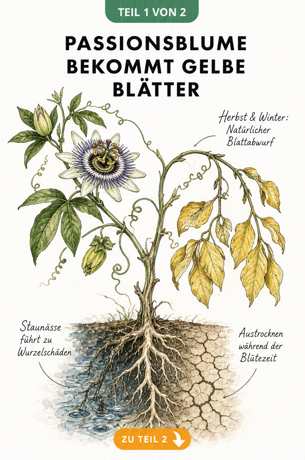 Botanische Illustration einer Passionsblume mit gesunden und gelben Blättern sowie Wurzelquerschnitt bei Staunässe und Trockenheit