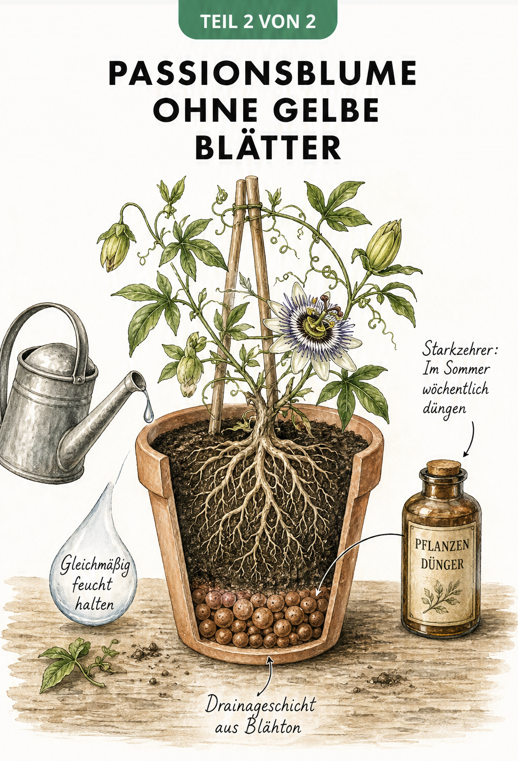 Querschnitt eines Pflanztopfes mit Passionsblume, Drainageschicht aus Blähton, Gießkanne und Dünger