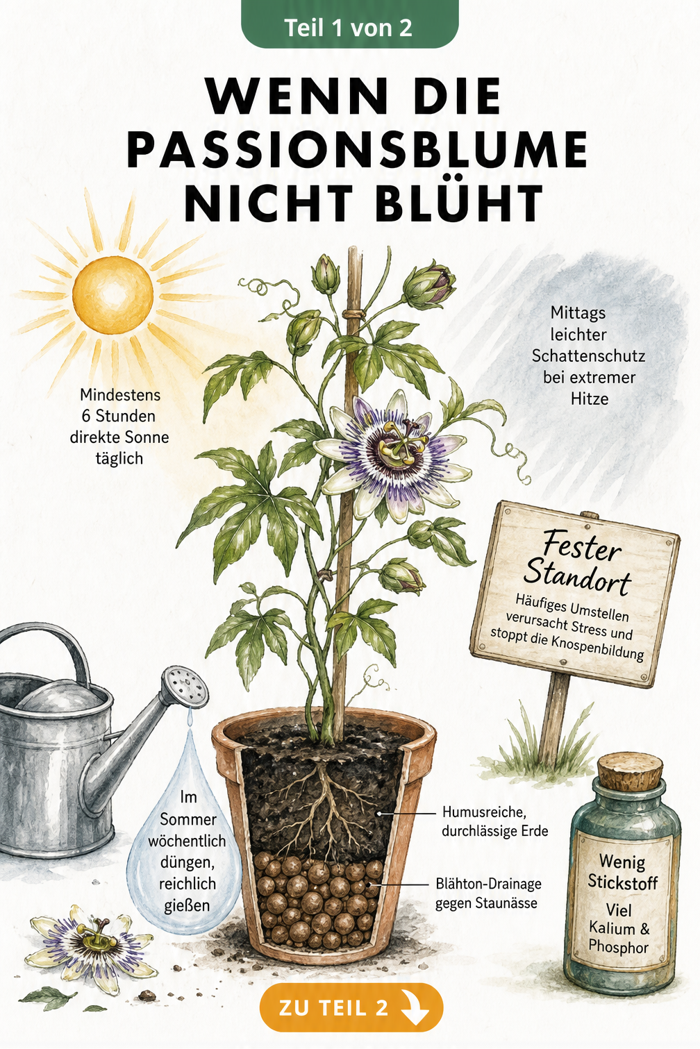 Botanische Illustration einer Passionsblume im Topf mit Hinweisen zu Standort, Erde und Düngung