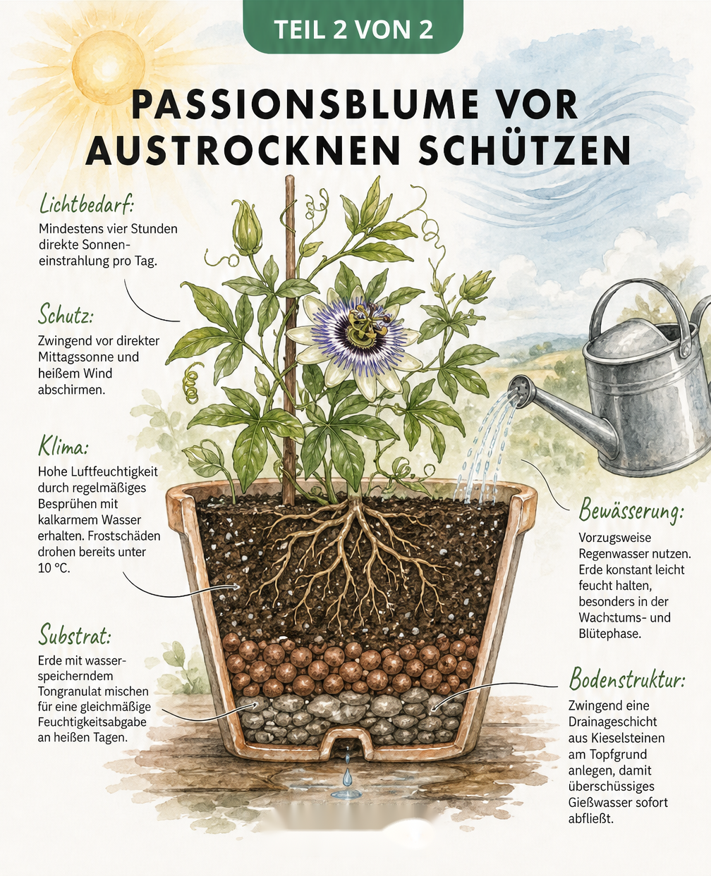 Querschnitt eines bepflanzten Kübels mit einer Passionsblume, der die ideale Erde, Drainage und Umgebungsbedingungen zeigt