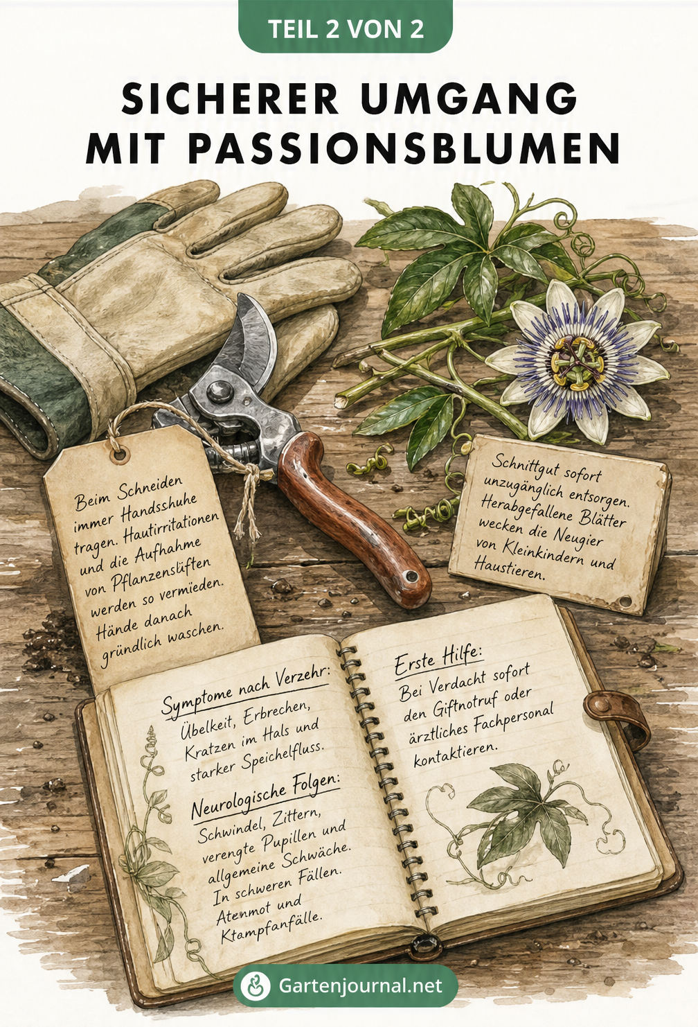 Stillleben mit Gartenhandschuhen, Gartenschere und abgeschnittenen Ranken der Passionsblume auf einem Pflanztisch mit Hinweisen zum sicheren Umgang.