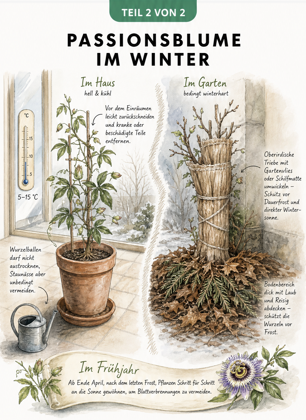 Illustration zur Überwinterung der Passionsblume im Haus und im Garten mit Winterschutz