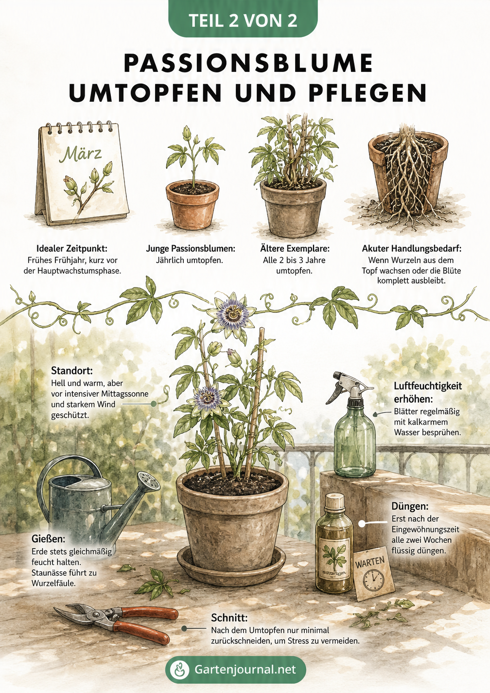 Zweigeteilte Illustration: Oben der Rhythmus zum Umtopfen je nach Alter der Passionsblume, unten eine Szene mit Pflegehinweisen für den neuen Standort.