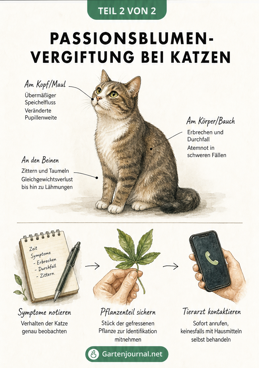 Illustration einer Katze mit Vergiftungssymptomen und Notfall-Ablauf bei Passionsblumen-Vergiftung