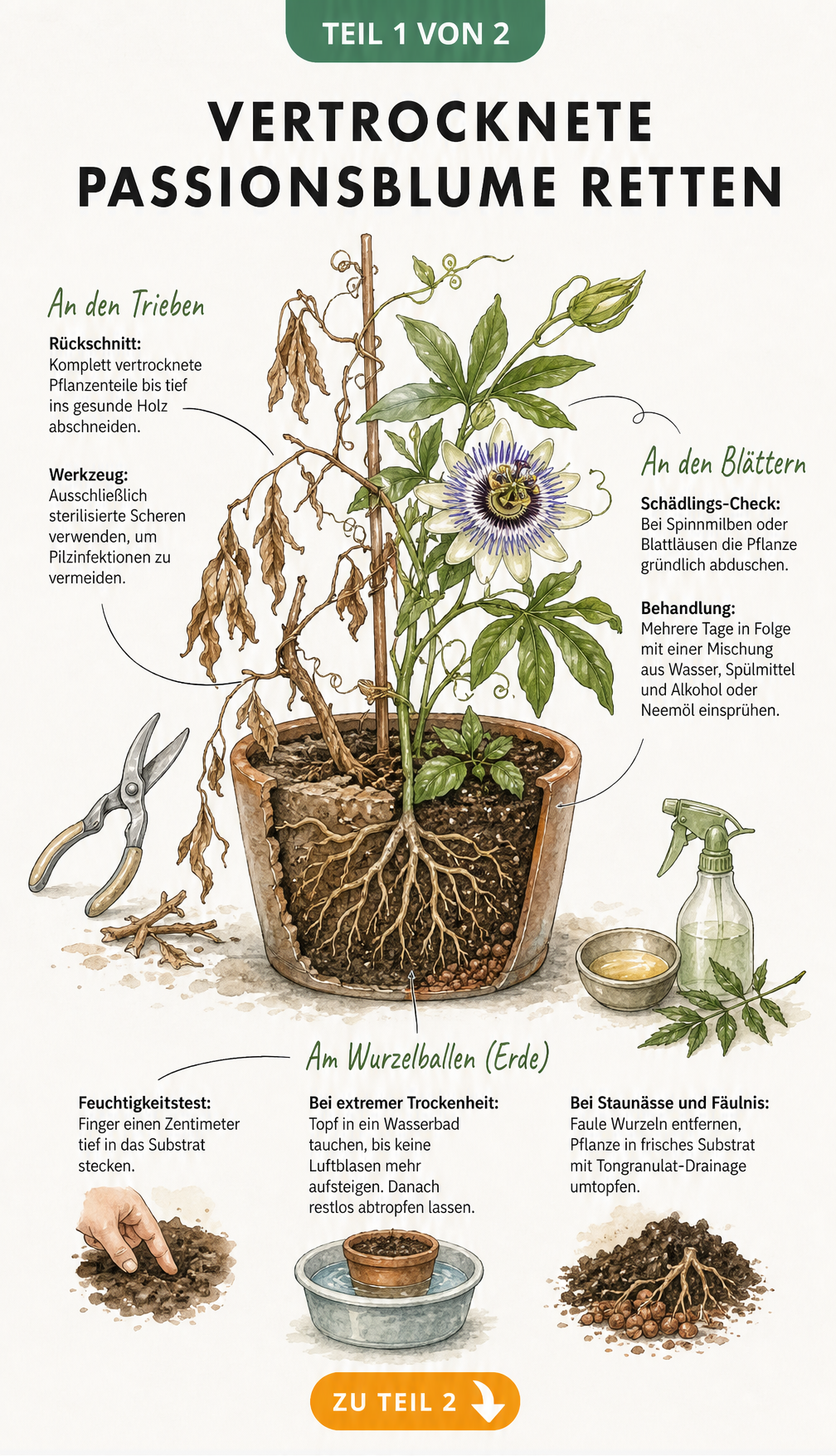 Botanische Illustration einer Passionsblume im Topf, die zur Hälfte vertrocknet ist, mit Tipps zur Rettung bei Trockenheit, Staunässe und Schädlingen