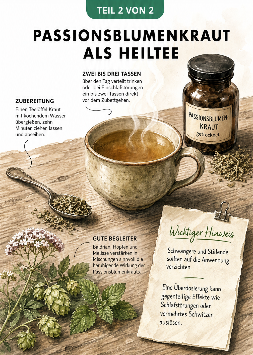 Illustration einer Tasse Tee mit getrocknetem Passionsblumenkraut, Dosierungshinweisen und Kräutern wie Baldrian