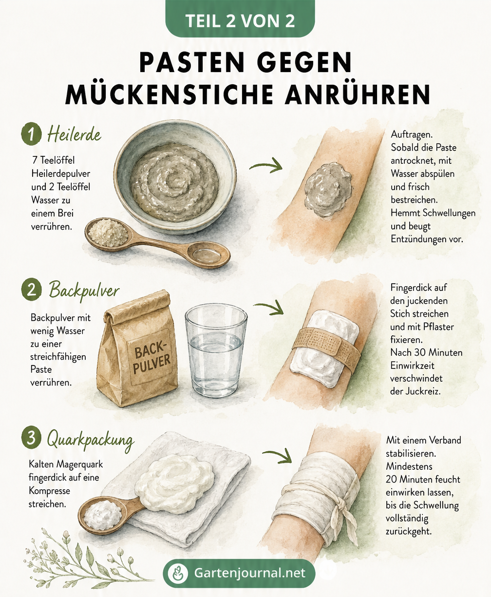 Rezeptbuch-Illustration für Pasten gegen Mückenstiche: Zubereitung von Heilerde, Backpulver und Quarkpackung zur Linderung von Juckreiz und Schwellungen.