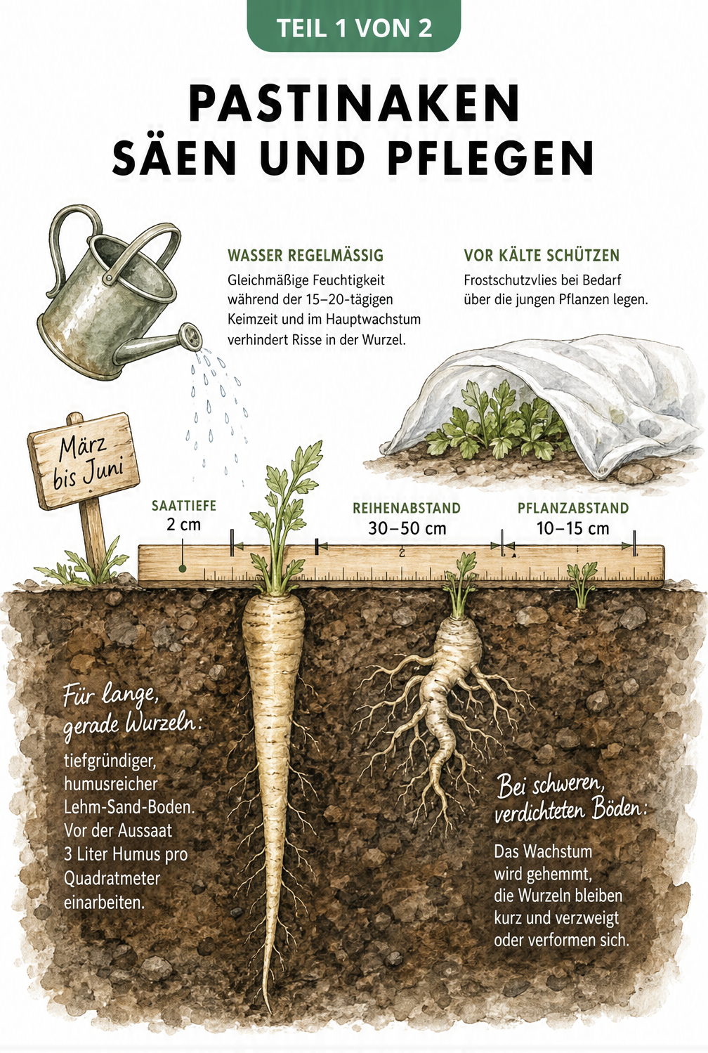Botanische Querschnitt-Darstellung eines Gartenbeets mit einer tiefen und einer kurzen Pastinake, die Bodenansprüche und Pflanzabstände zeigt.